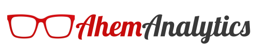 Ahem Analytics logo with a red framed eye glasses on the left and the company name in red and dark grey on the right